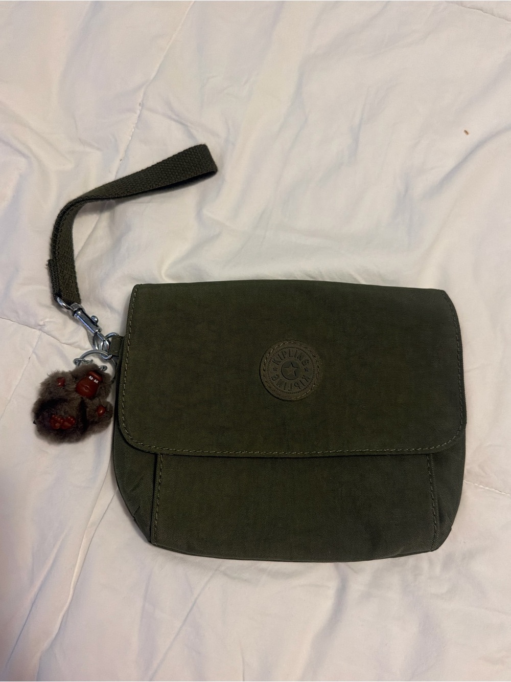 Kipling Olive Green Wristlet Clutch with Pom Charm